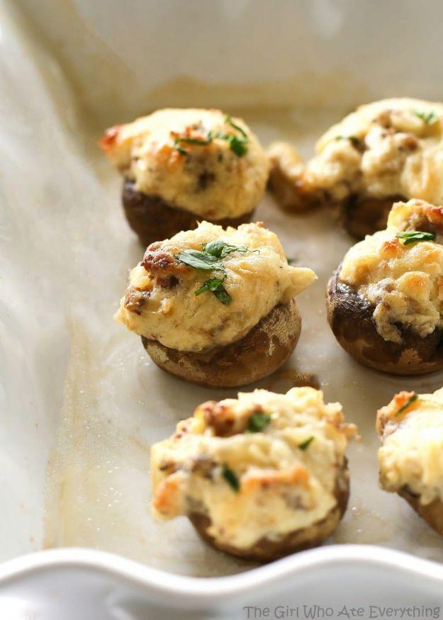 Stuffed mushrooms filled with sausage, cream cheese and parmesan, a naturally gluten free hot appetizer