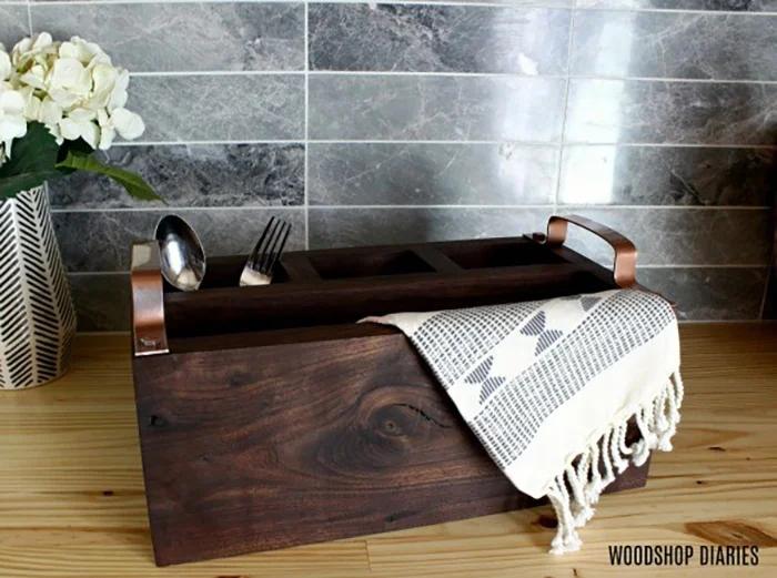 DIY wooden flatware caddy with metal handles, a farmhouse style profitable craft idea you can make and sell