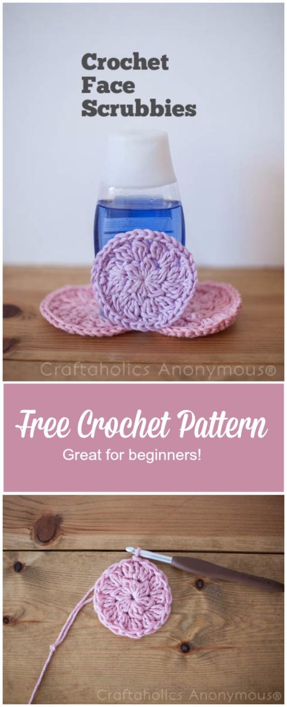 Round crocheted cotton pads in pale pink and mint, stacked beside a bar of soap on a white bathroom shelf