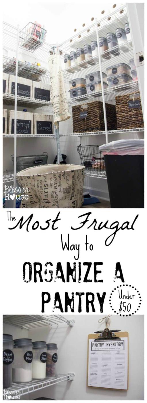 White pantry with wire shelving, labeled chalkboard baskets, clear containers and a printed pantry inventory sheet