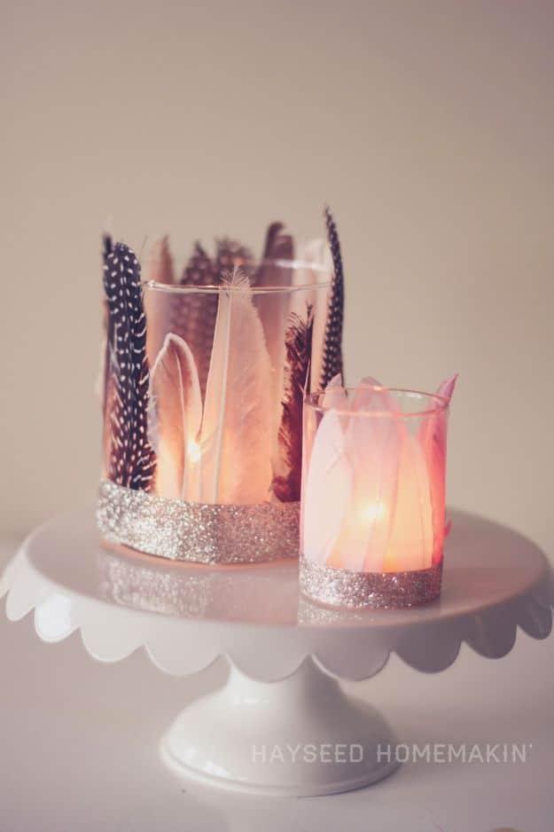 Feathered Votive Holders, easy to pull off with basic supplies and a clever way to reuse scraps you already have