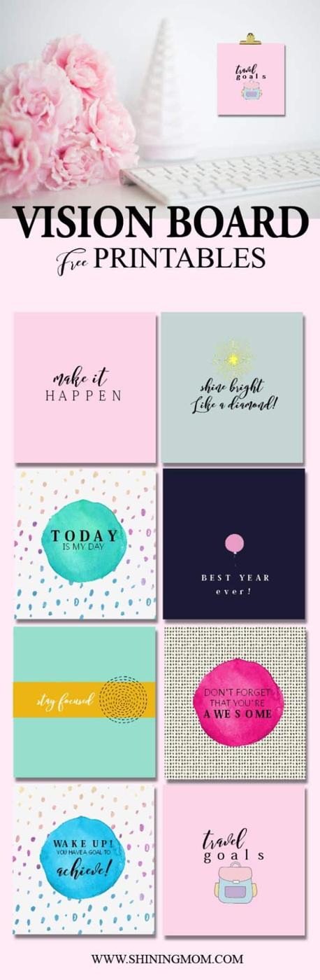 Vision board free printables, ten small motivational cards in mint, navy, blush and gold arranged in a two column grid