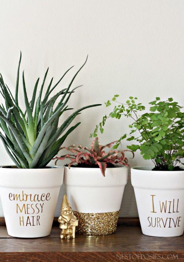DIY Ideas for Clay Pots - DIY Gold Foil Lettering on Flower Pots - Cute Gardening Projects Tutorials for Decorating Pots - Pretty Rustic and Farmhouse Planters for Cheap Home Decor