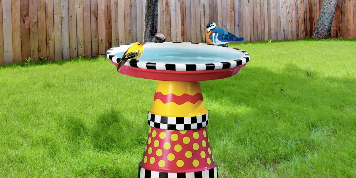 MacKenzie Childs Inspired Art Deco Bird Bath Created Out of Terra Cotta Pots