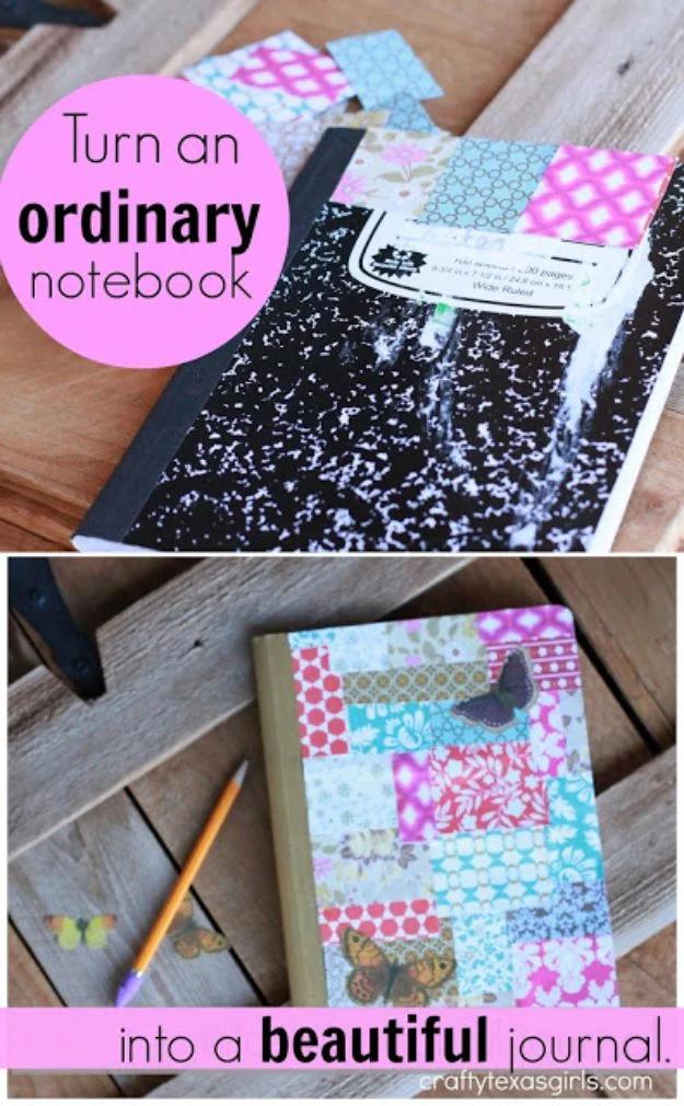 Two-panel graphic reading Turn an ordinary notebook into a beautiful journal, a plain comp book and one in patchwork paper