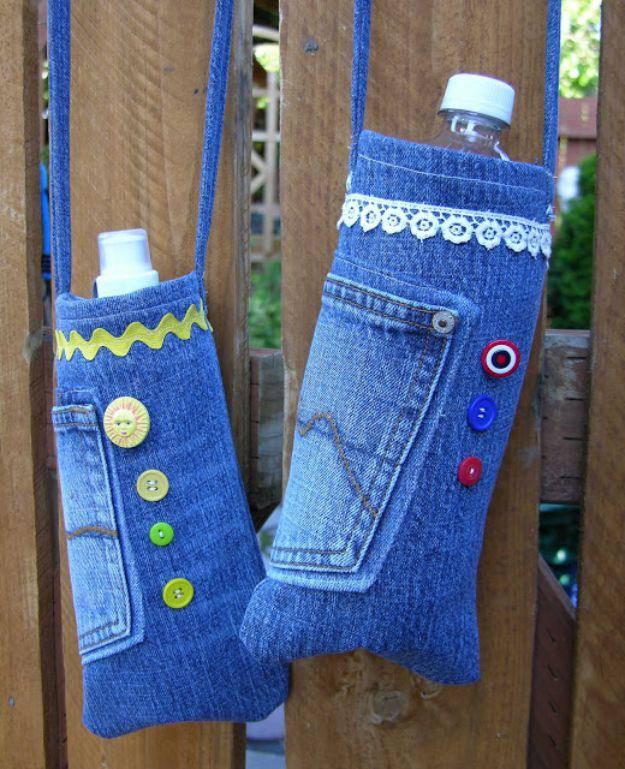Blue Jean Upcycles - Re-Purposed Denim Water Bottle Bags - Ways to Make Old Denim Jeans Into DIY Home Decor, Handmade Gifts and Creative Fashion - Transform Old Blue Jeans into Pil