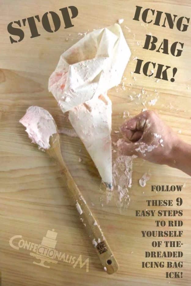Messy piping bag and an icing covered spatula on a wooden board with a typeset title reading stop icing bag ick