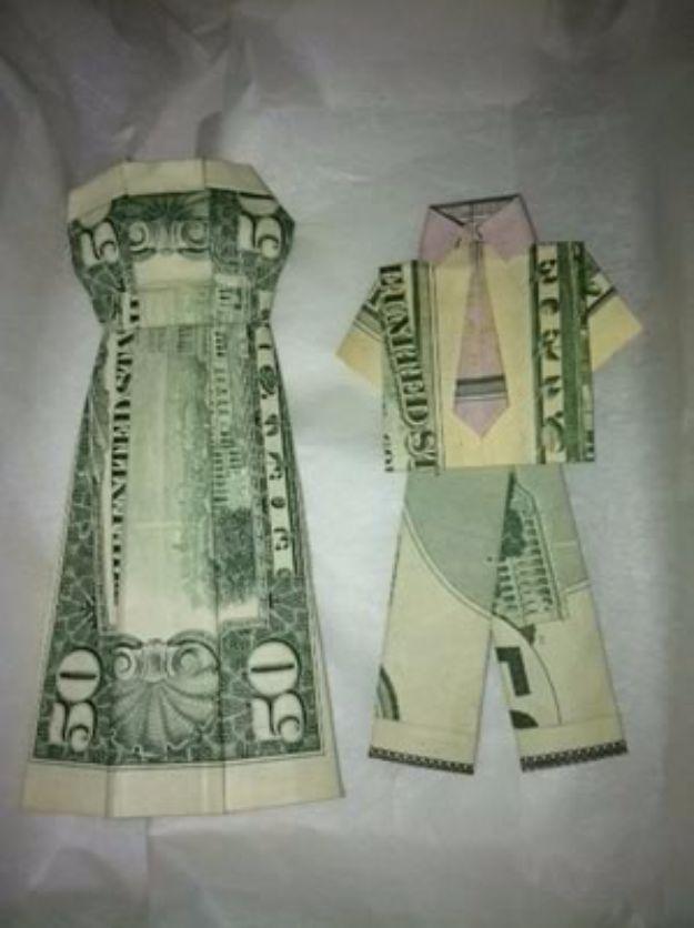 Money Origami Suit and Dress, easy enough for a first try at home and a gift worth doubling for extra recipients