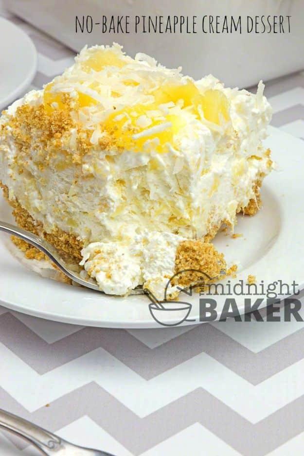 No bake pineapple cream dessert with a graham crust, creamy pineapple filling and shredded coconut, an easy no bake dessert