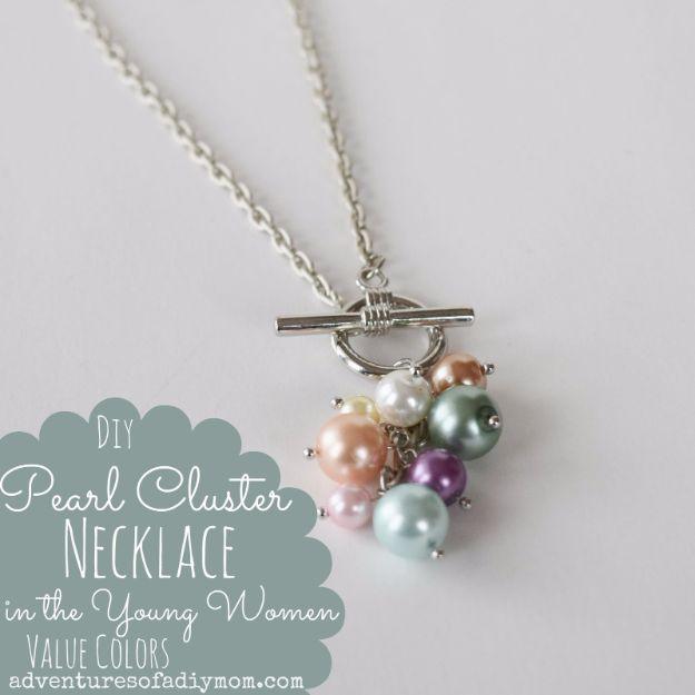 DIY pearl cluster necklace, a cluster of pastel pink green and cream pearls hanging from a silver toggle clasp