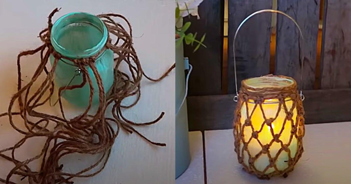 DIY Coastal Farmhouse Fishnet Mason Jar Candle Holder
