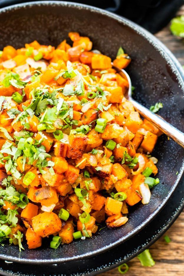 Sweet Potato Recipes - Easy Skillet Sweet Potatoes With Cilantro - Easy Recipe Ideas for Sweet Potatoes in the Crockpot, Casserole Dishes, Baked, Mashed, Candied and Roastedd - Hea