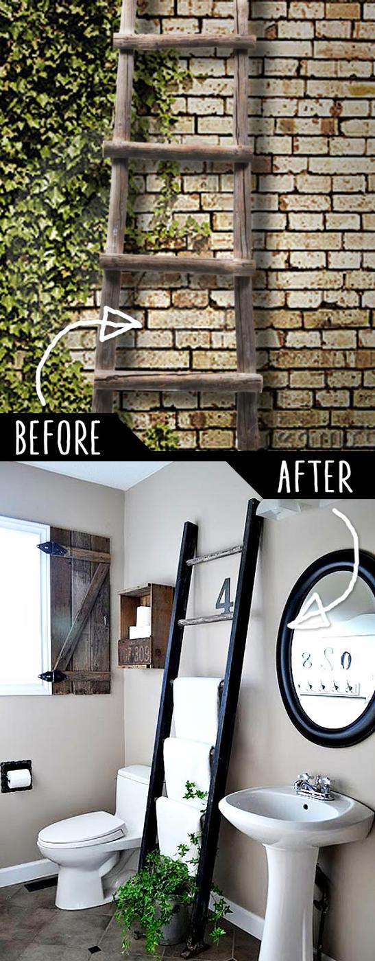 Before and after collage of a weathered wooden ladder above a black painted ladder leaning in a bathroom holding white towels