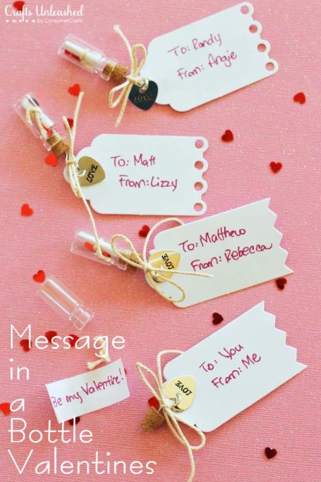 A small glass bottle with a cork holding a rolled love note inside, a handmade message in a bottle gift