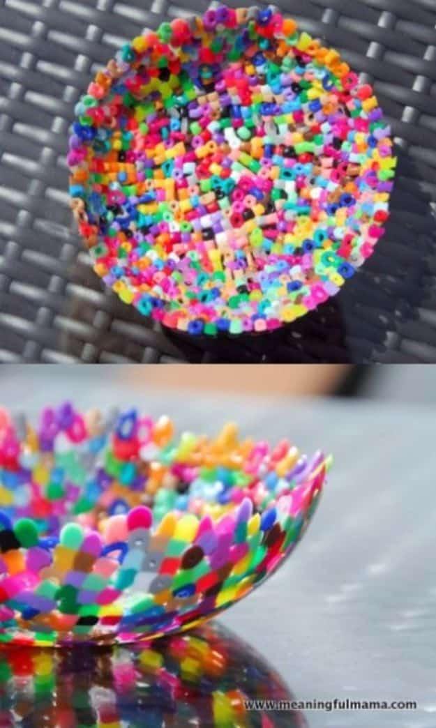 DIY bead bowls melted from colorful perler beads into stylish mini bowls for holding small items on a shelf