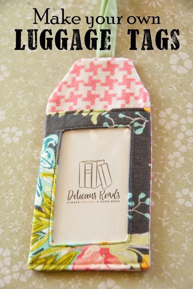 Make your own luggage tags graphic, a fabric tag with pink houndstooth flap and clear vinyl card window, title typeset above
