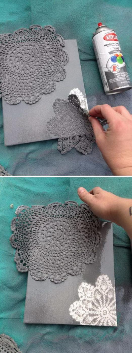 Spray Painted Doily Canvas, flexible enough to adjust as you go and something that looks far pricier than it was