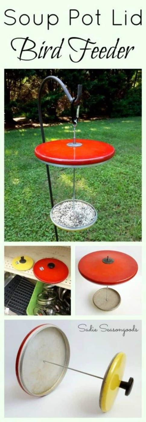Red and yellow enamel pot lid bird feeder on a shepherd hook in a green lawn, with three detail shots of the hardware