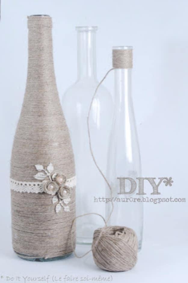 Shabby Chic Decor and Bedding Ideas - DIY Yarn Wrapped Bottles - Rustic and Romantic Vintage Bedroom, Living Room and Kitchen Country Cottage Furniture and Home Decor Ideas. Step b