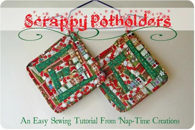 Typeset graphic reading Scrappy Potholders over two quilted patchwork potholders pieced from Christmas print scraps