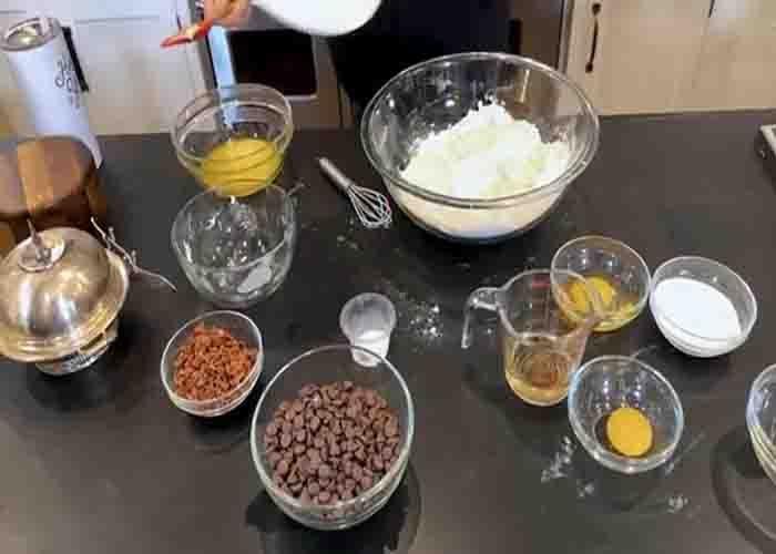 Making the batter for the bacon, chocolate, and rum cookies