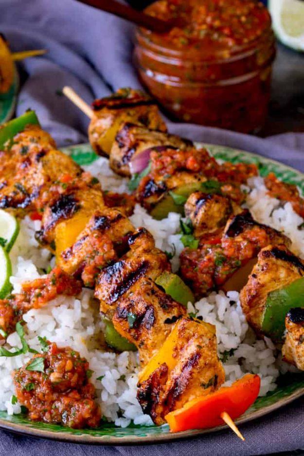 Best Mexican Food Recipes - Mexican Chicken Skewers with Rice and Picante Salsa - Authentic Mexican Foods and Recipe Ideas for Casseroles, Quesadillas, Tacos, Appetizers, Tamales,