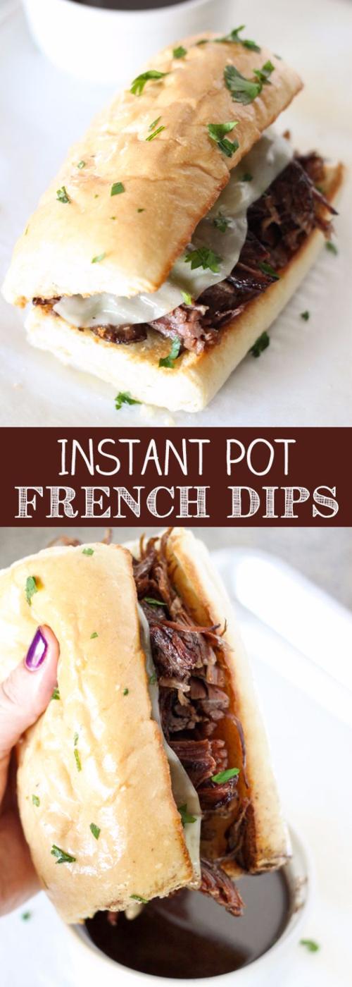 Brown text band reading Instant Pot French Dips between two photos of shredded beef sandwiches and au jus