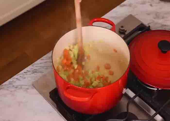 Cooking the veggies for the chicken pot pie soup