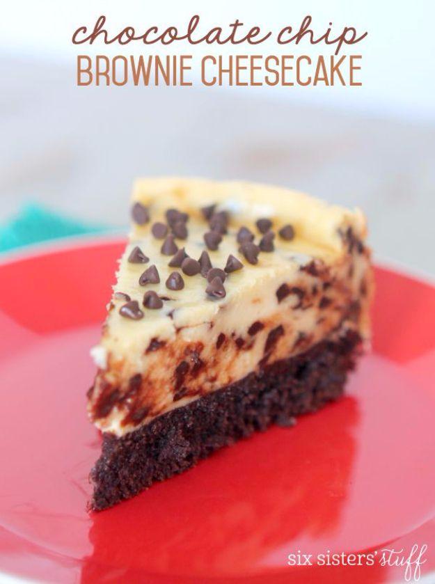 Typeset pin graphic for chocolate chip brownie cheesecake, a slice on a bright red plate against a teal background