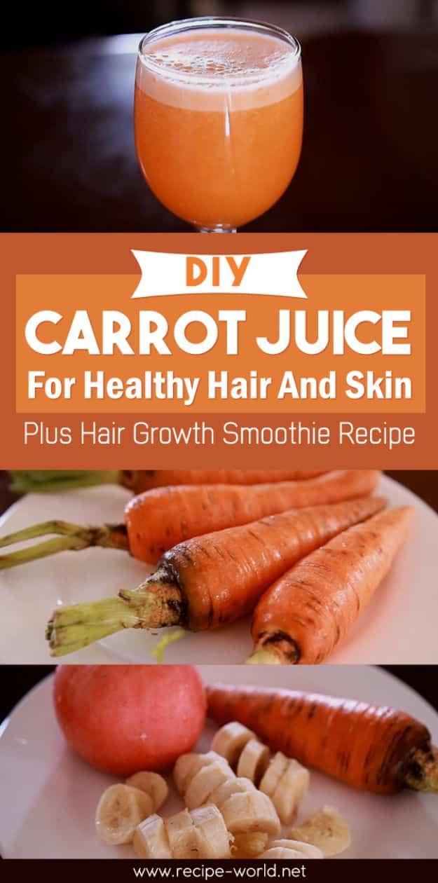 DIY carrot juice in a stemmed glass with whole carrots, a red apple and sliced banana on plates below