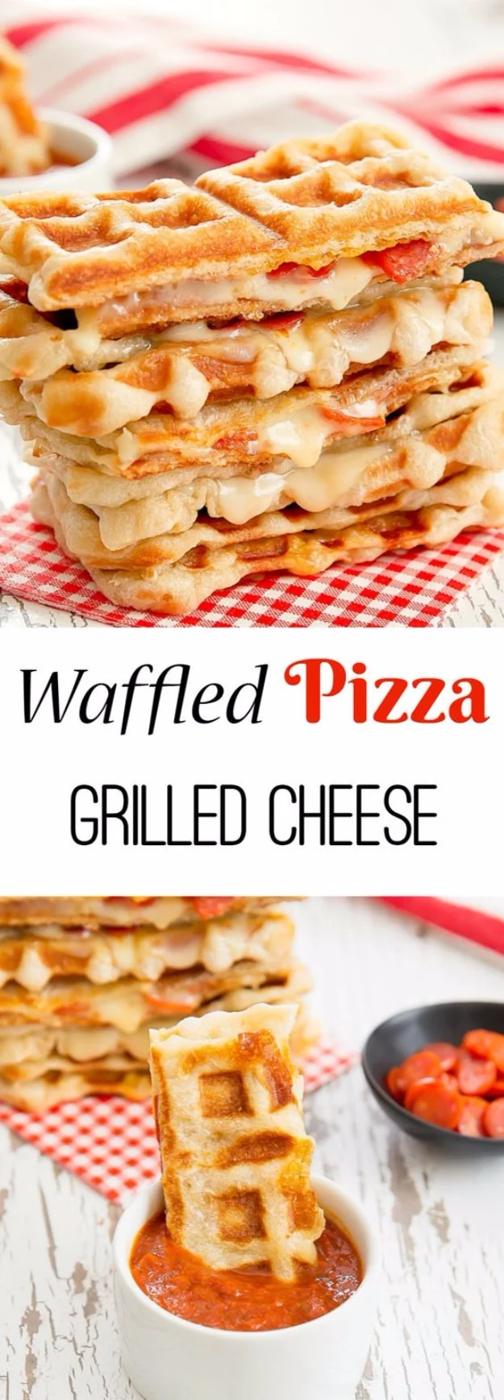 Waffled pepperoni pizza grilled cheese made from pizza crust with mozzarella and mini pepperoni inside