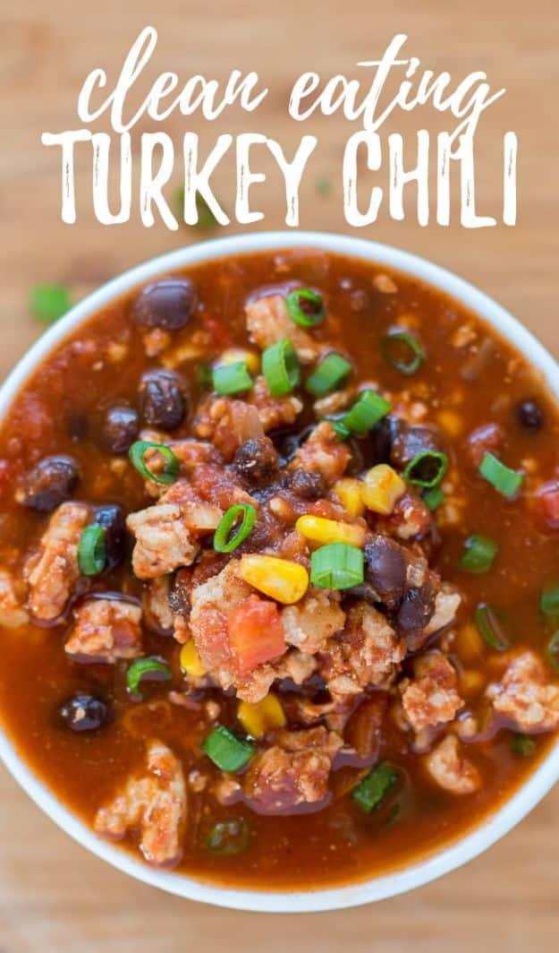 Graphic reading clean eating turkey chili above a white bowl of chili with sweetcorn and green onion