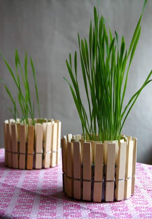 Two clothespin wrapped tin can planters holding wheatgrass on a pink floral cloth, an easy beginner craft