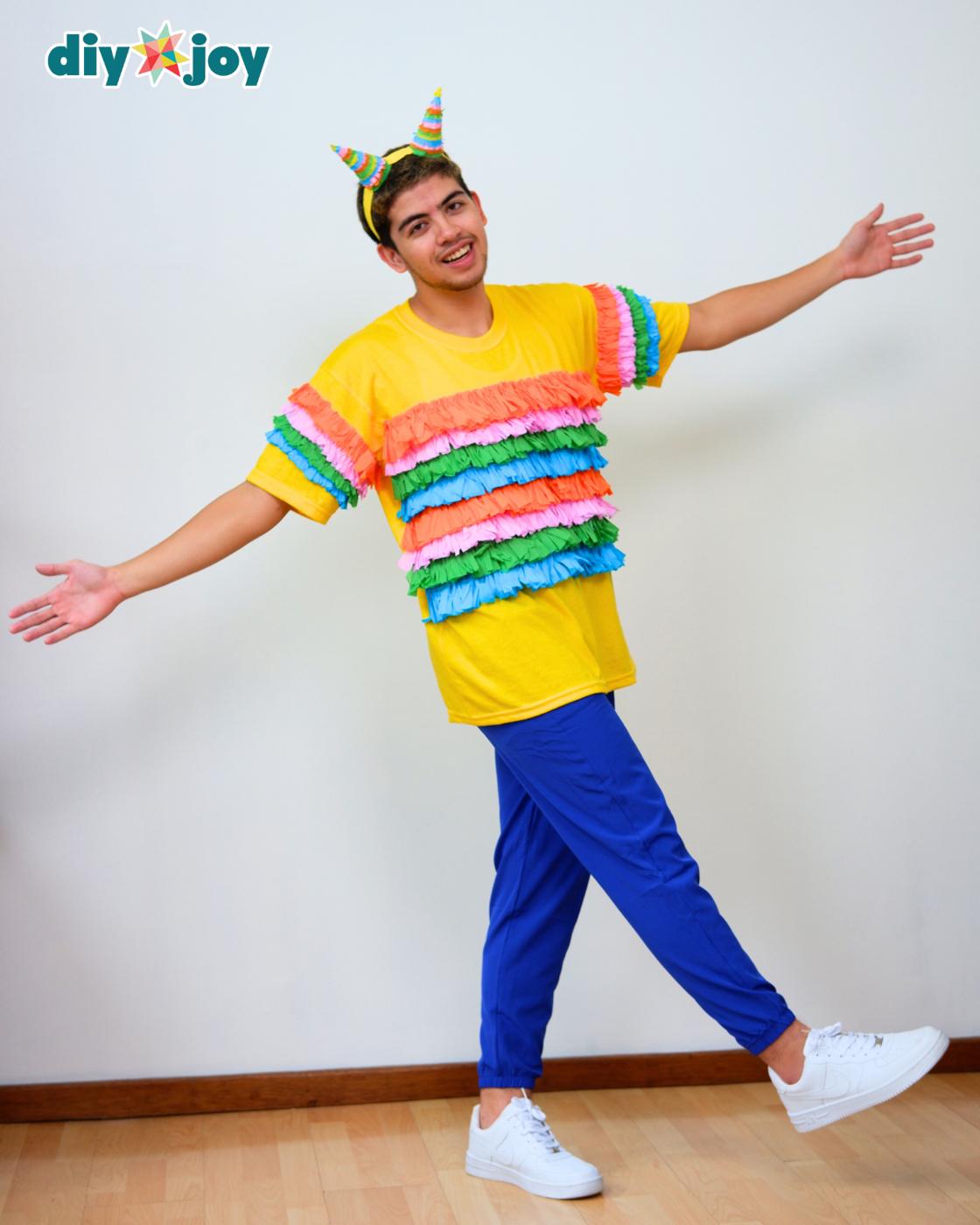 Easy Costume Ideas for Guys - full body shot of the young man in the pinata costume, fringed shirt and cone horn headband