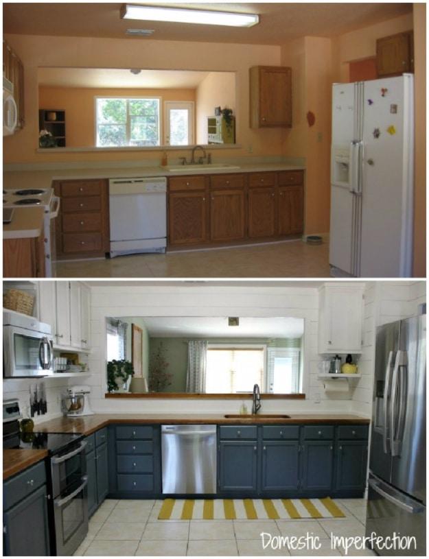 Before and after of a peach kitchen with oak cabinets, then white uppers, navy lowers, wood counters and a yellow striped rug