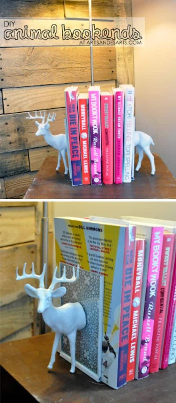 White Plastic Animal Bookends, a budget friendly way to update the space and a creative way to reuse what you already have