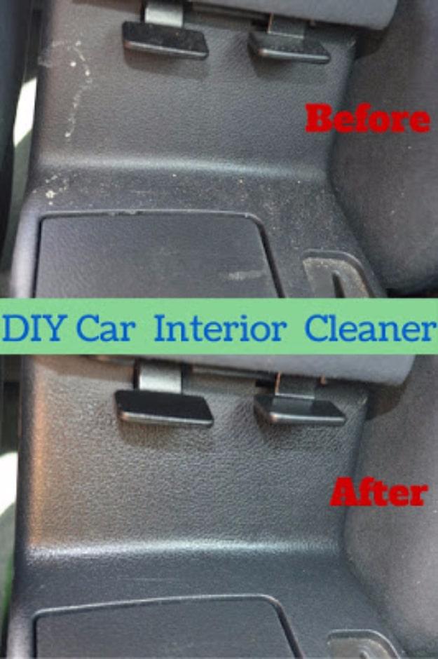 Two panel before and after of a dark molded plastic car seat back, dusty above and evenly satin after cleaning below