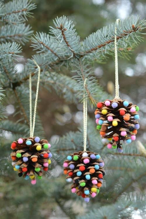 Three pinecone ornaments covered in colorful mini pom poms hanging by gold cord from the branches of a blue spruce
