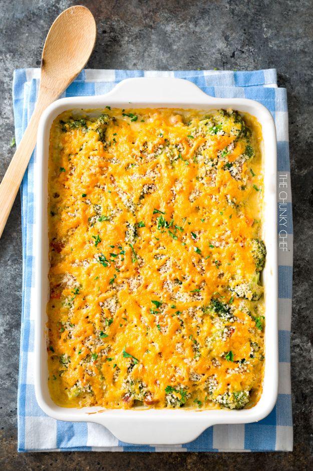 Cheesy quinoa sausage broccoli casserole with a browned panko and cheddar topping in a large baking dish