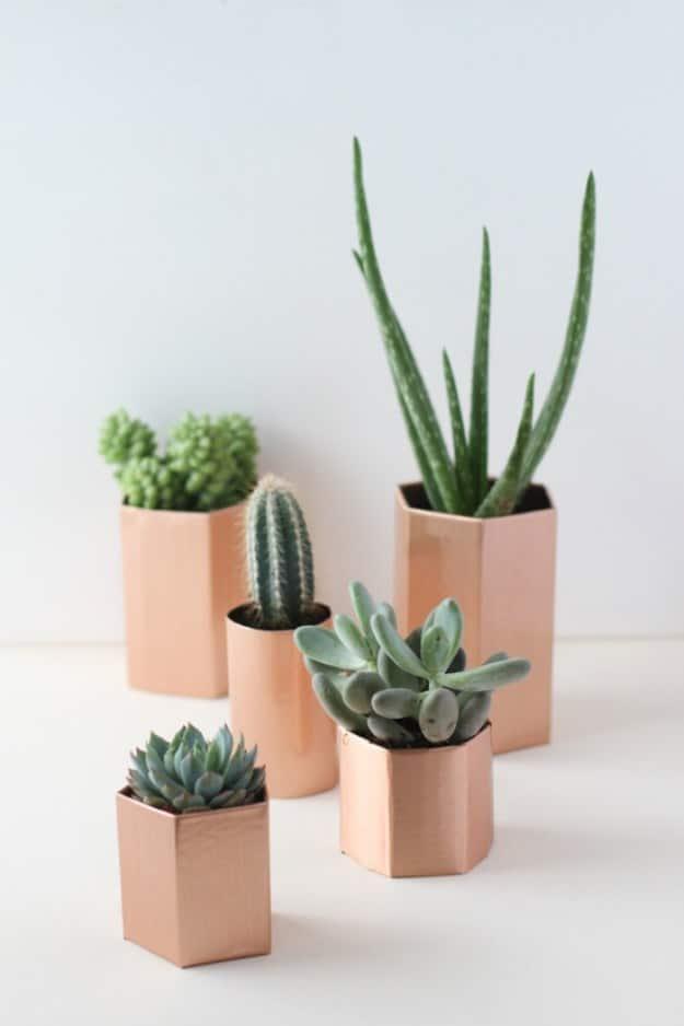 DIY Metallic Geometric Succulent Planters in 5 Minutes, a creative way to reuse what you already have and worth a look