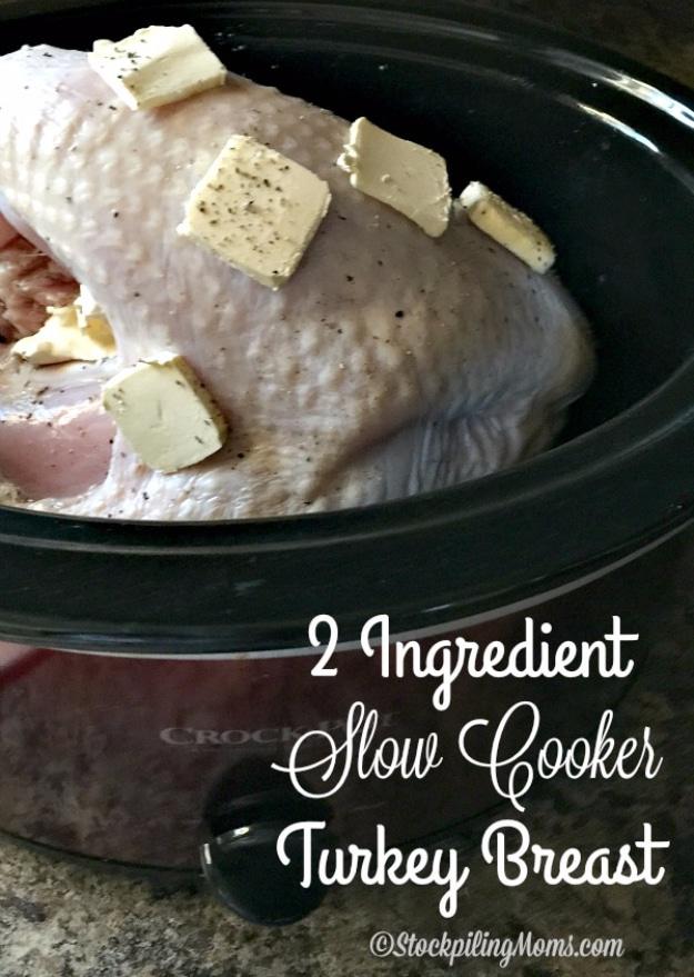 Uncooked turkey breast with peppered butter pats in a dark slow cooker, with recipe text and source watermark visible