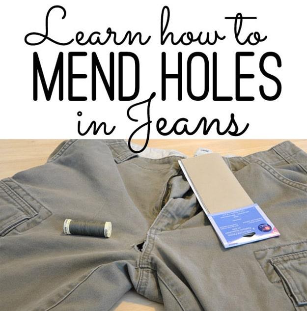 Clothing repair hack for pants, olive green twill trousers with a worn seam beside thread and an iron on patch