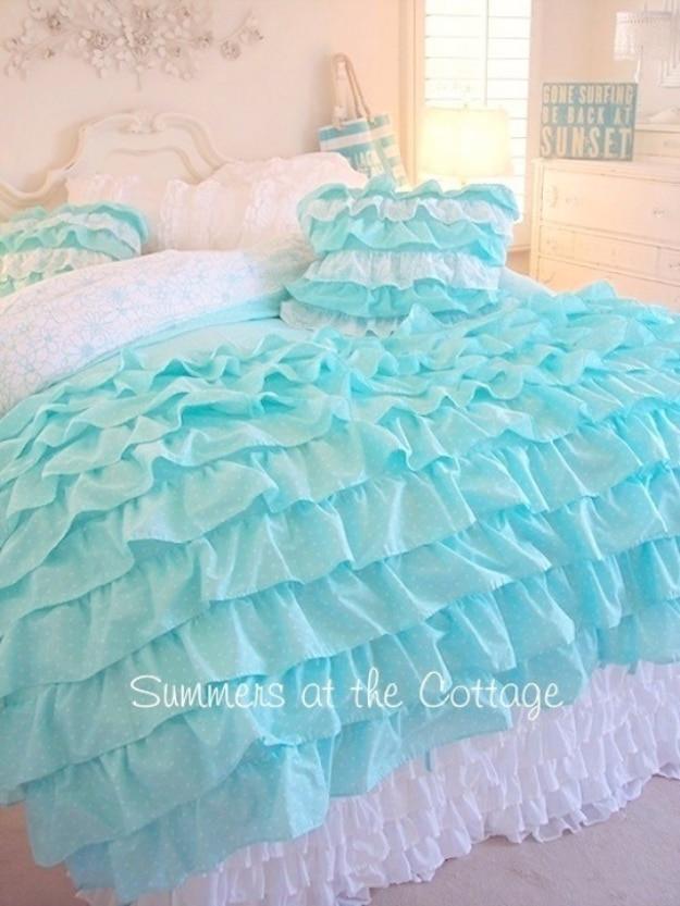 Shabby Chic Decor and Bedding Ideas - Aqua Ruffled Comforter - Rustic and Romantic Vintage Bedroom, Living Room and Kitchen Country Cottage Furniture and Home Decor Ideas. Step by