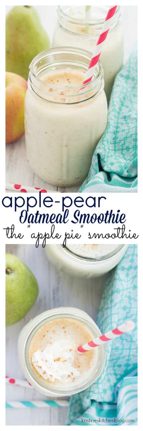 Apple pear oatmeal smoothie blended with cinnamon and nutmeg so that it tastes like apple pie in a glass