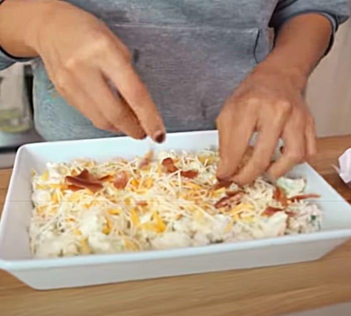Steamed Cauliflower With Cacon And Monterey Jack Cheese In A Casserole