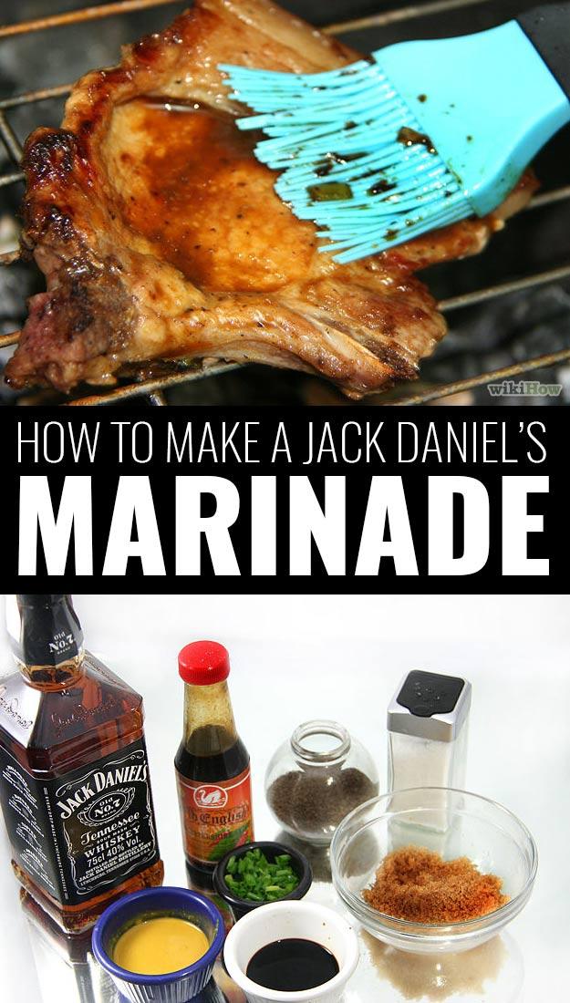 Jack Daniels marinade brushed onto a grilled pork chop with a teal basting brush over laid out ingredients