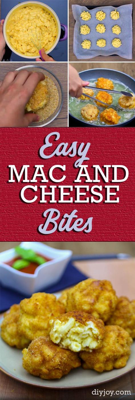 Multi panel pin graphic with four step photos and a red band reading Easy MAC AND CHEESE Bites above the bites