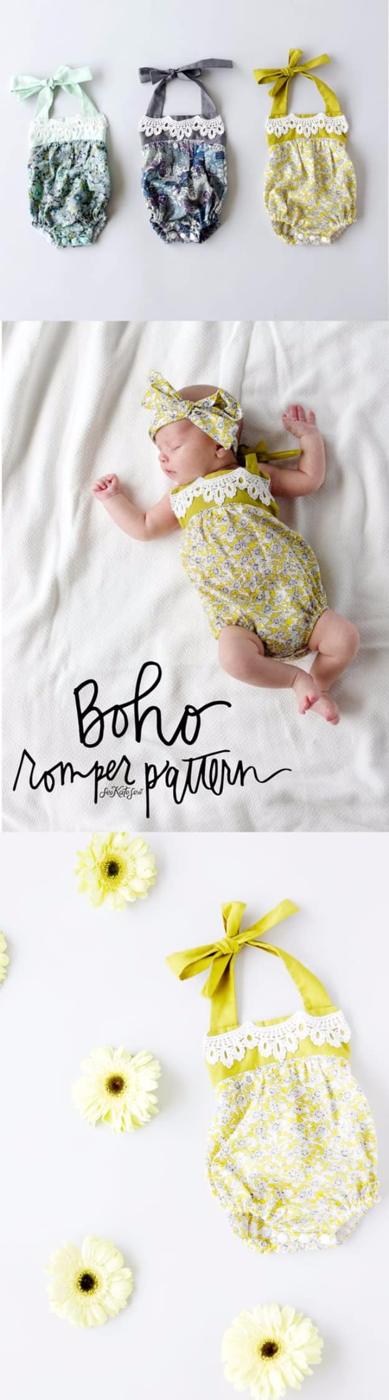 Three lace yoked baby rompers in green, purple and yellow prints, and one worn by a sleeping newborn
