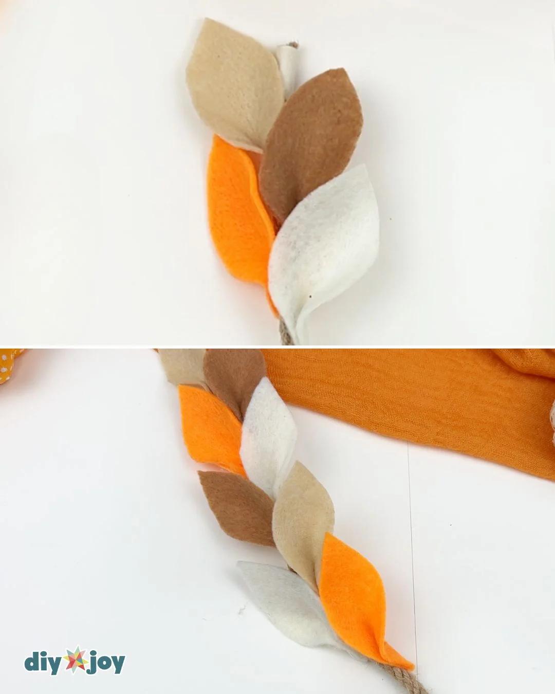Step 3 - felt leaves cut and ready to attach along the rope for this easy DIY felt autumn garland project.
