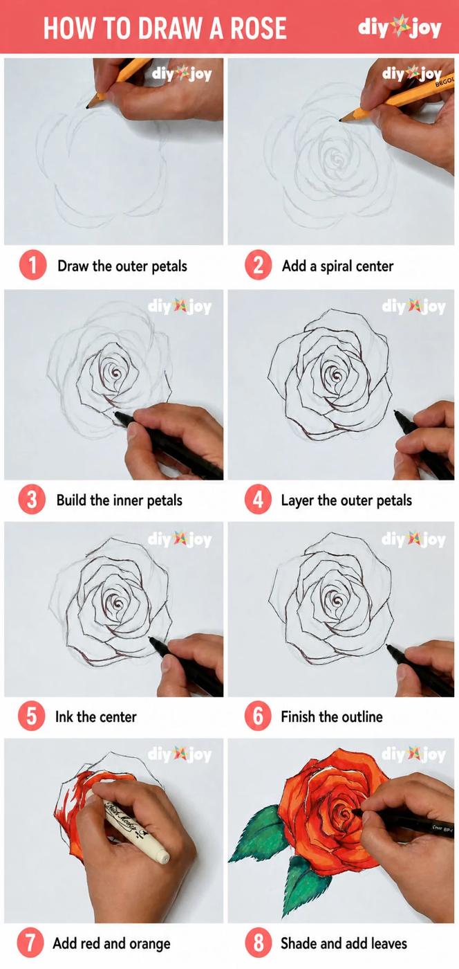 How to draw a rose step by step - vertical guide showing all eight drawing steps